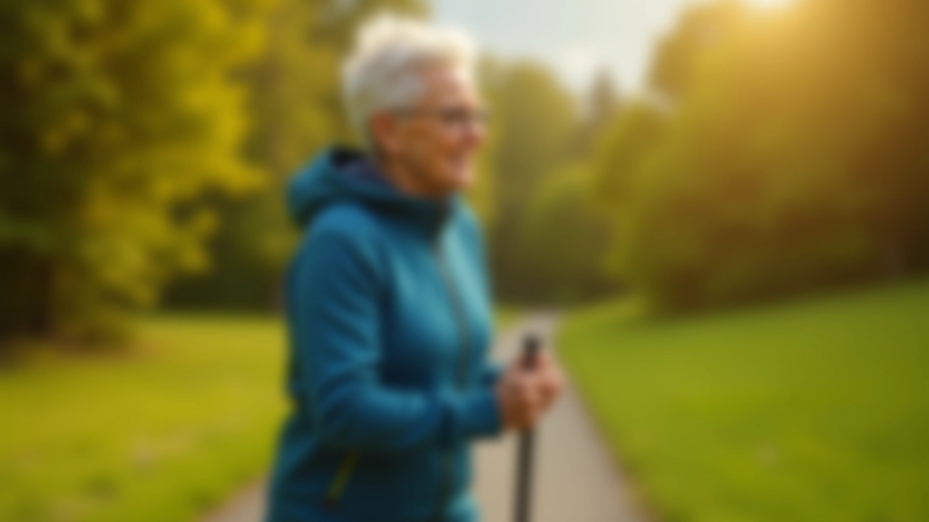 Senjorė demonstruoja teisingą šiaurietiško ėjimo posturą nuo šono, rodantis ištiestą nugą ir neutralią galvos padėtį